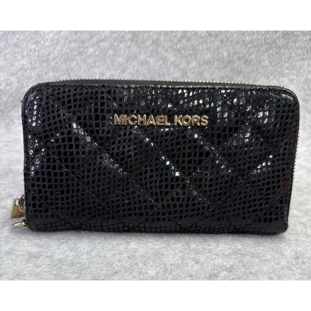 Michael Kors Zip Around Wallet Womens OS Black Good Quilted Embossed